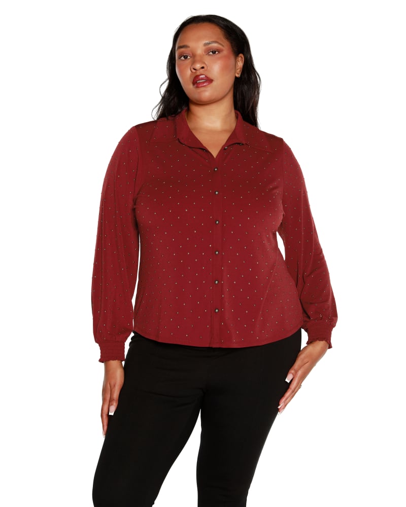 Front of a model wearing a size 2X Plus Size Embellished Button-Front Top in Cranberry by Belldini Black Label. | dia_product_style_image_id:319129